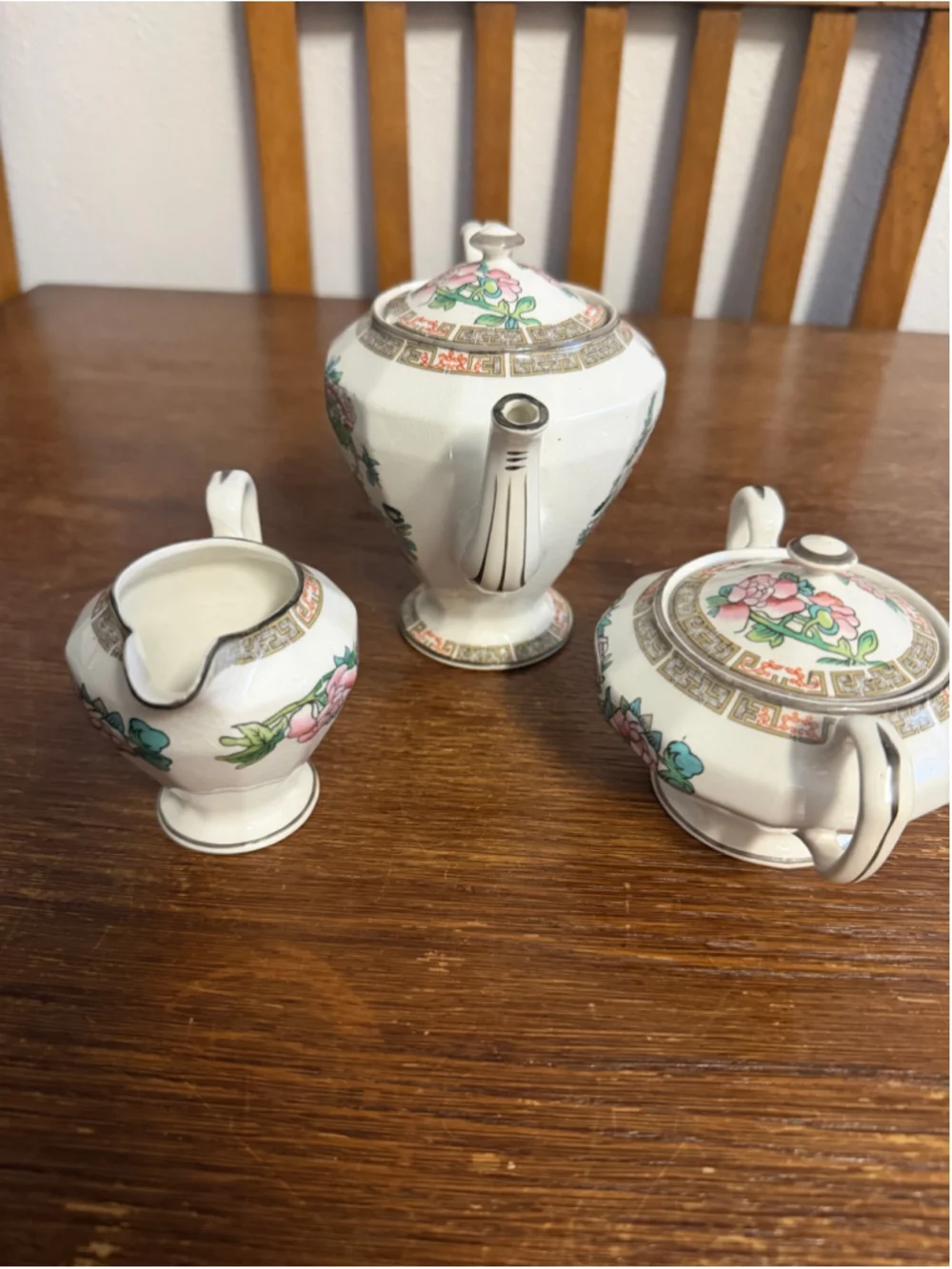 Vintage Wm M Knowles Vitreous China 3 Piece Tea Set Floral Teapot Sugar Bowl Cre